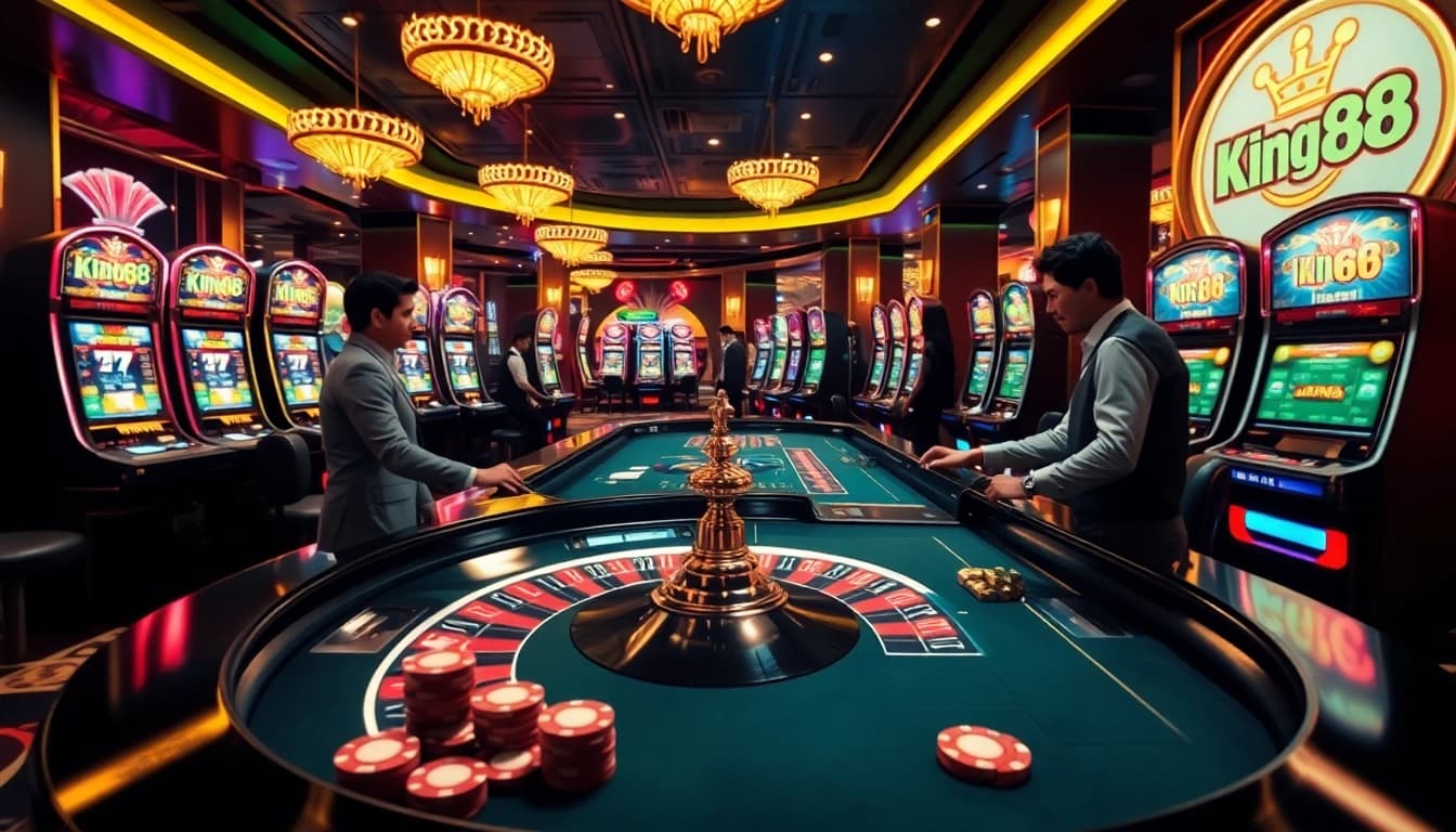 Engaged players strategizing at a luxurious king88 casino table with vibrant slot machines and poker chips.
