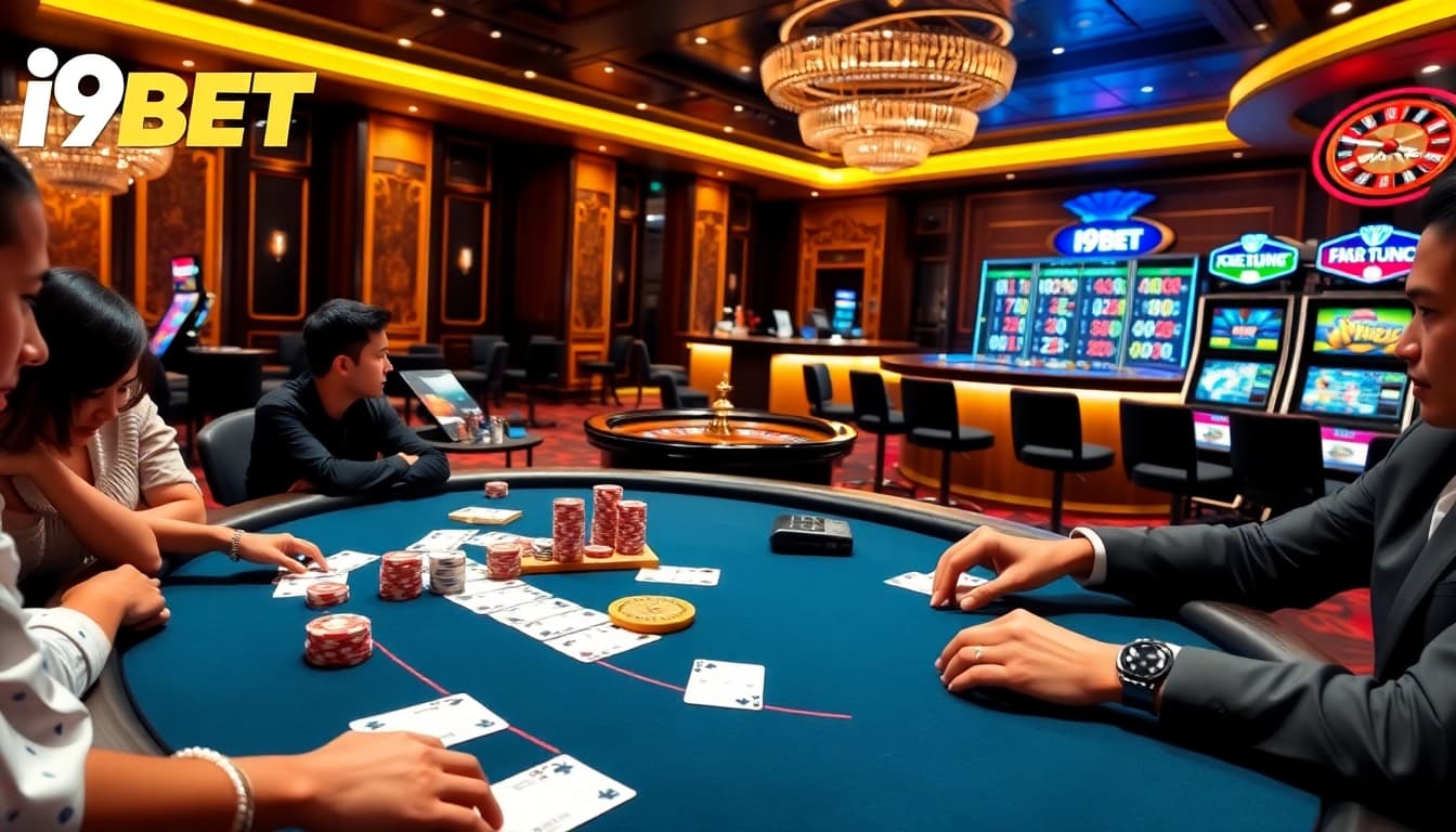 Experience thrilling gaming action at I9BET, featuring poker tables and dynamic slot machines.
