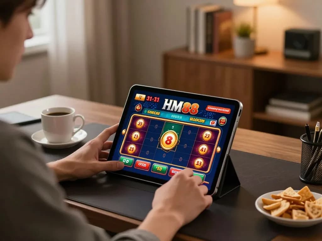 Player engaging in HM88 online casino gaming with tablet in modern home office setting