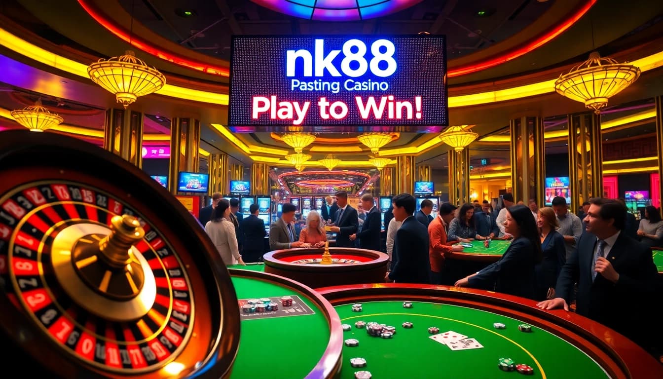 Players at nk88 casino table experience thrilling gameplay with a vibrant roulette wheel and cards.