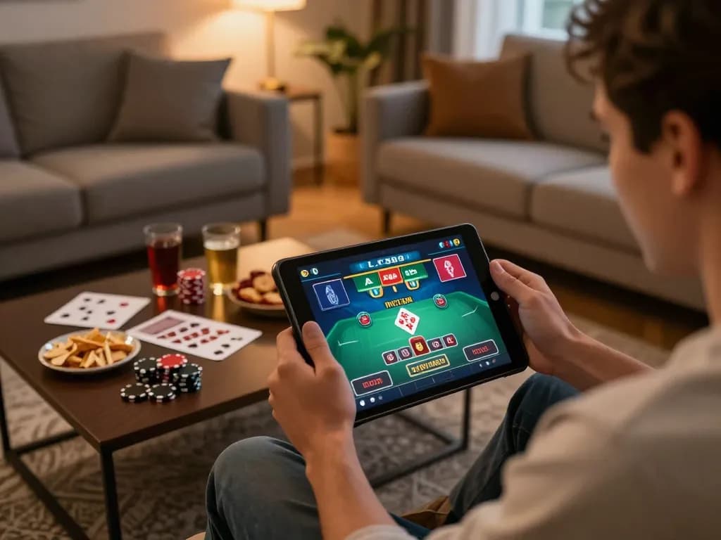Player engaging in online casino gaming at LV88 using a tablet in a cozy home setup.