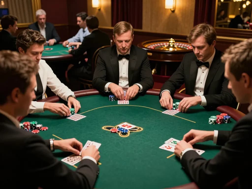 Players at an upscale casino strategically betting in a poker game, highlighting du88 experience