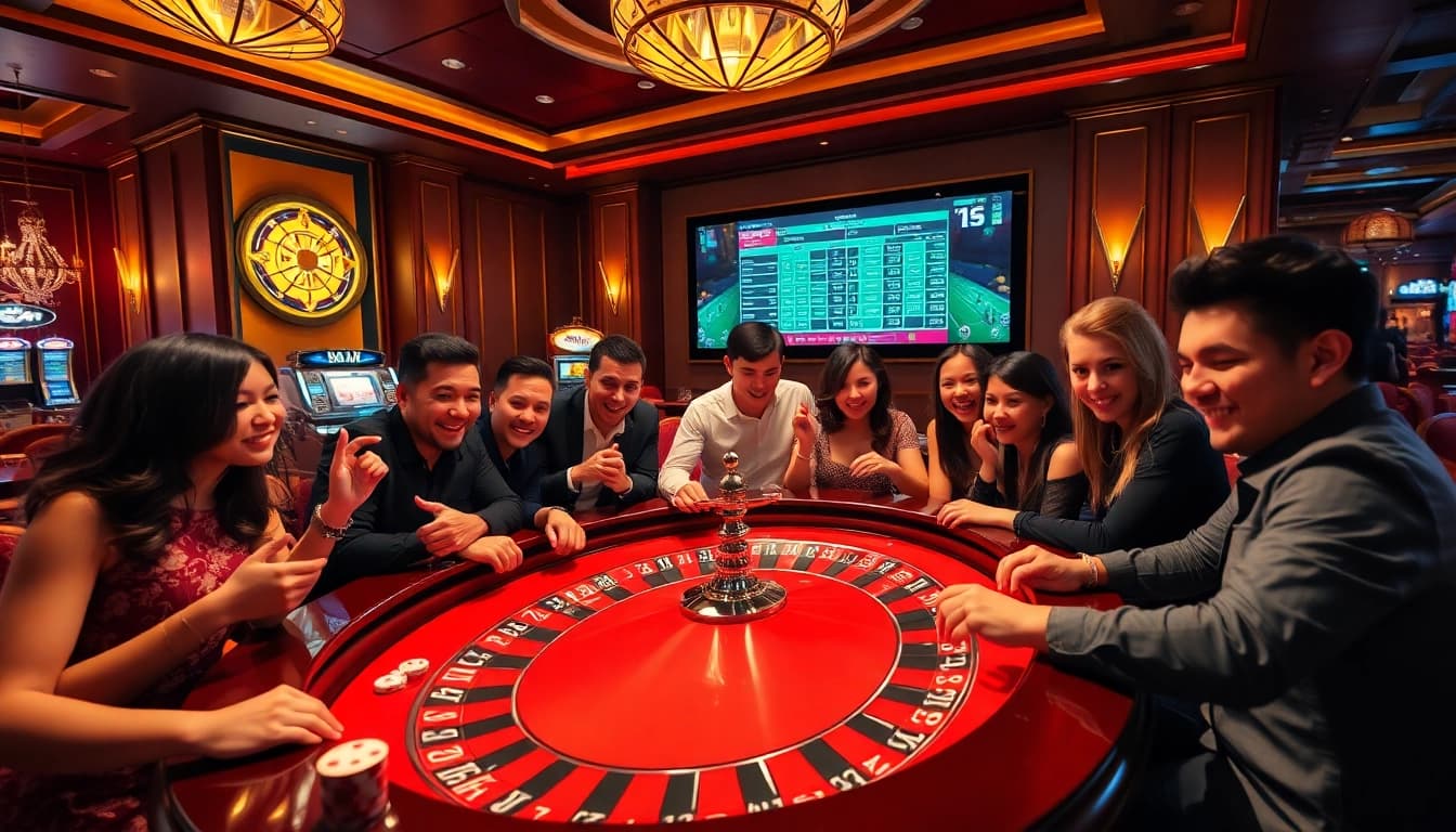 Experience the excitement of 89bet with players at a roulette table in a luxurious casino setting.