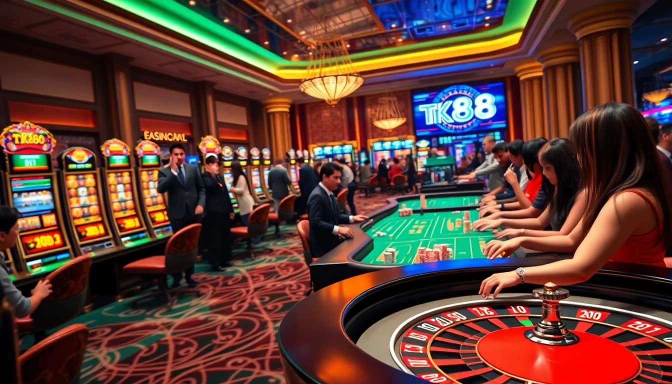 Experience the excitement of TK88 with players enjoying vibrant slot machines and poker tables in a luxurious casino setting.