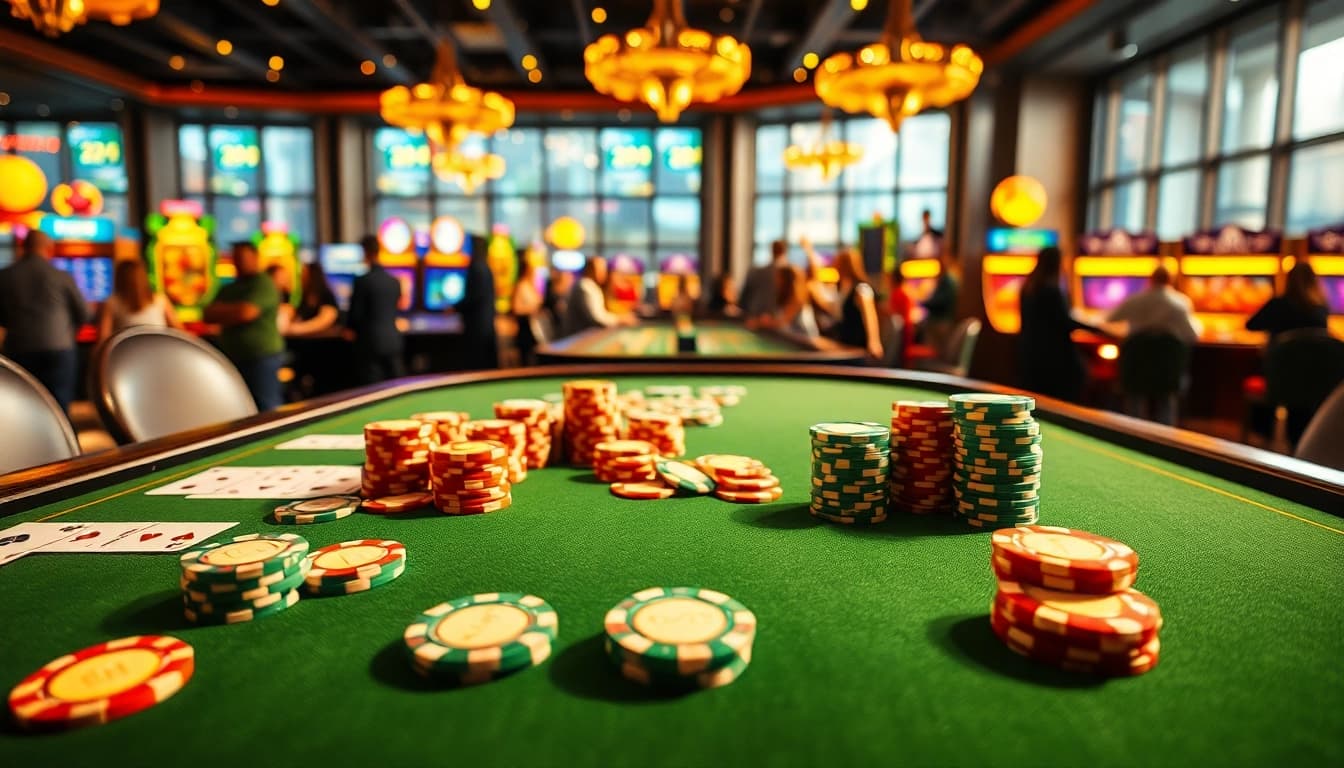 Play at a casino table showcasing exciting uu娛樂 gaming action with colorful chips and cards.