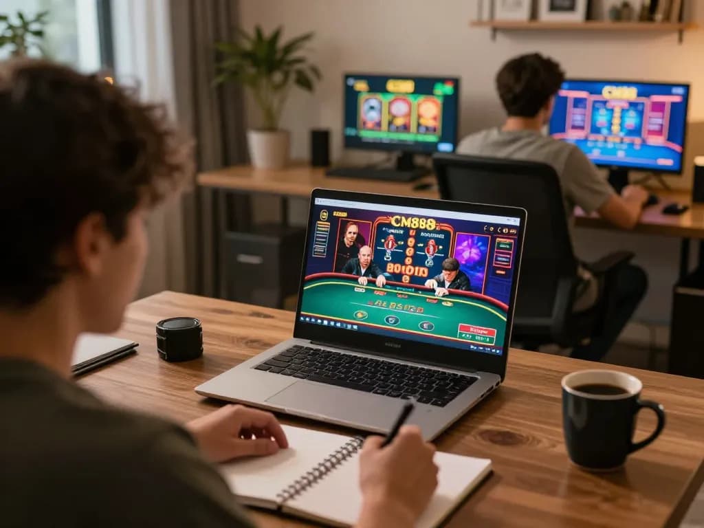 Players focusing on CM88 online gaming strategies in a cozy home office environment