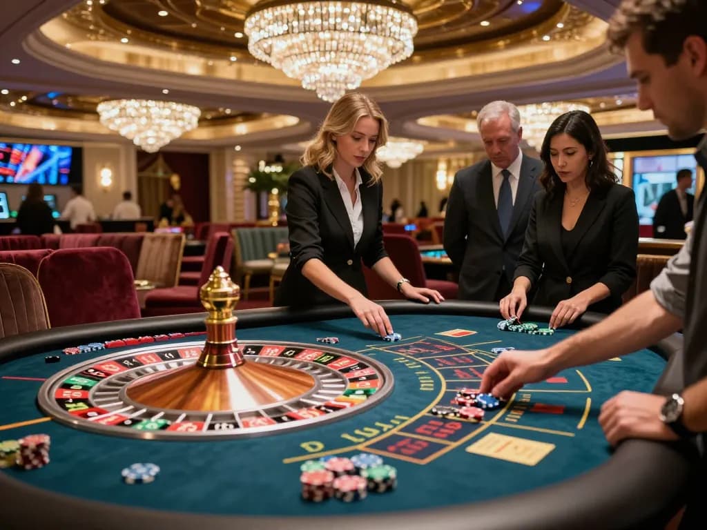 Players placing bets at a roulette table in f168's luxurious casino setting, capturing the thrill of gambling.