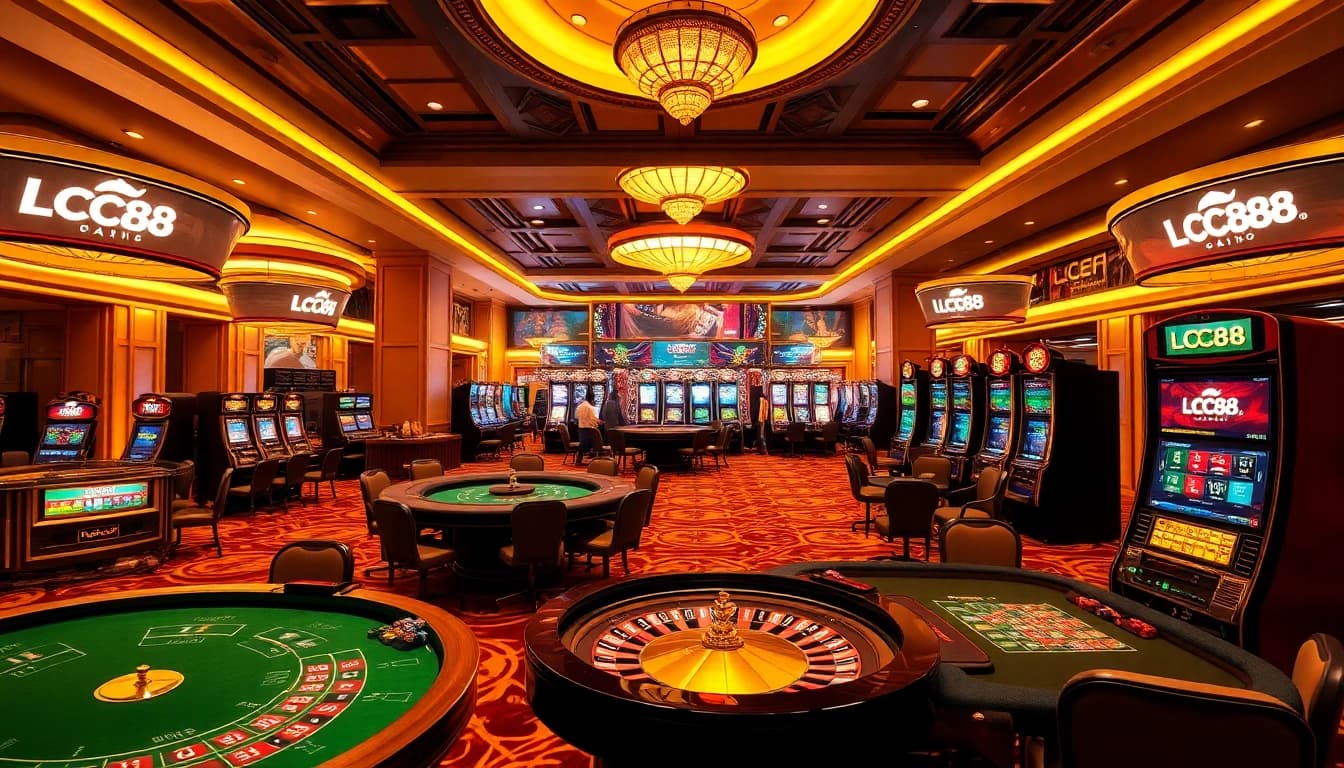 Players enjoying the excitement of LC88 casino games, surrounded by roulette wheels, poker tables, and bright slot machines.