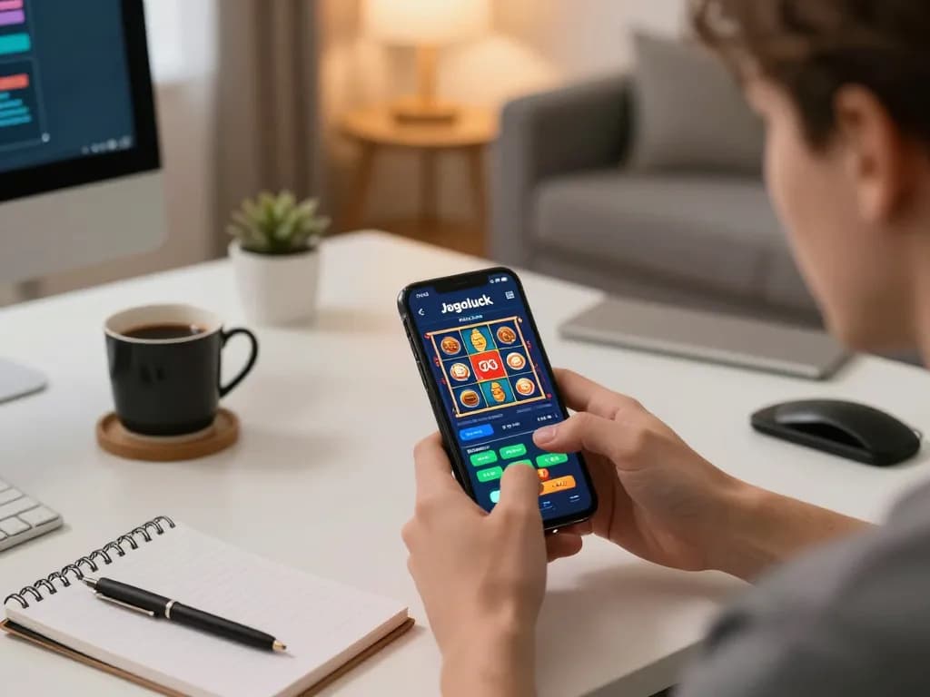 Playing games on the Jogoluck app with a modern mobile setup, highlighting strategic betting.