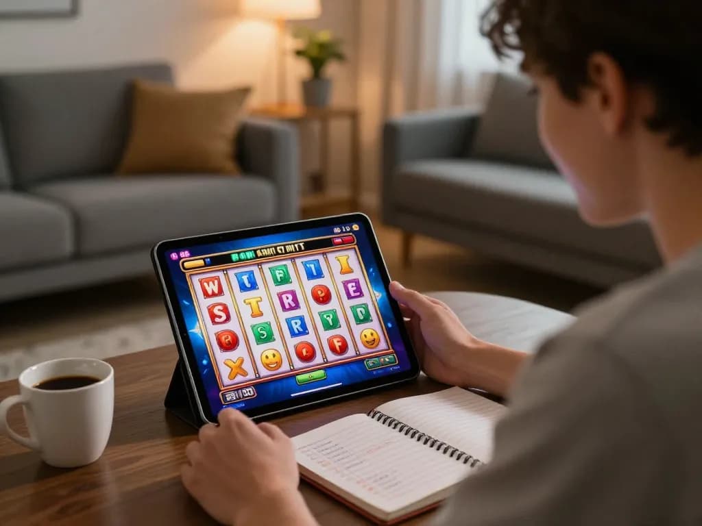 Player spins toto online slots on tablet in a cozy home setting, showcasing strategic gaming.
