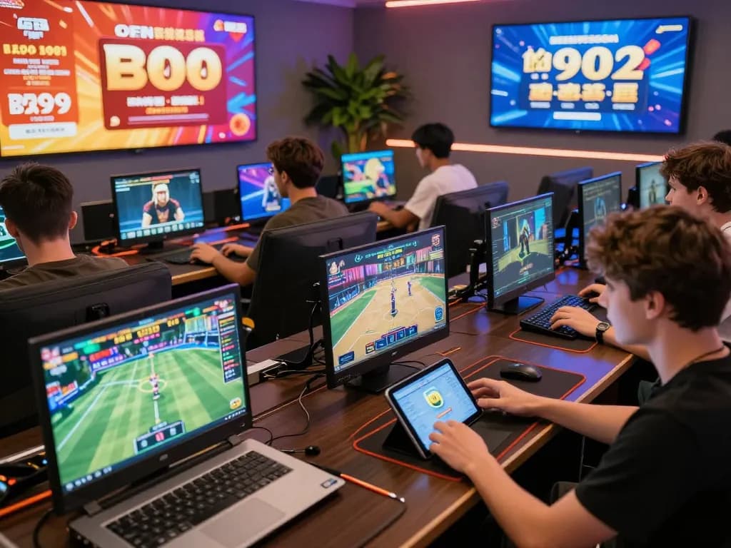 Online gaming experience at OPEN88.COM with diverse players engaging on various devices in a vibrant atmosphere.