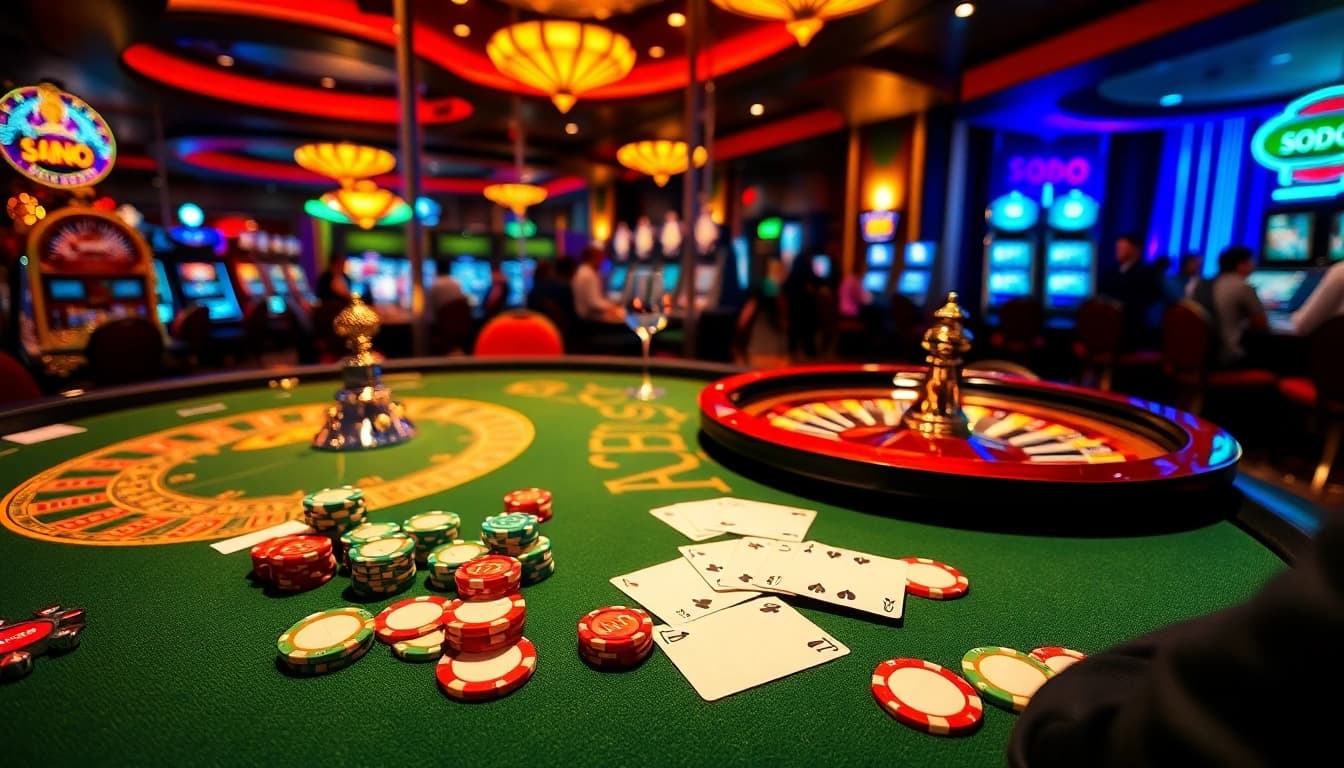 Experience the thrill of gaming at SODO CASINO with vibrant chips and cards illuminating the atmosphere.