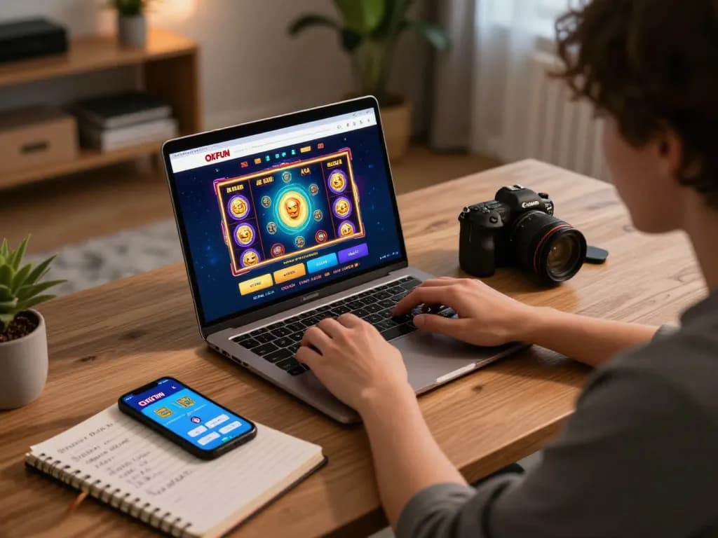 Engaging online gaming at OKFUN platform with colorful slot game on screen and strategic notes.