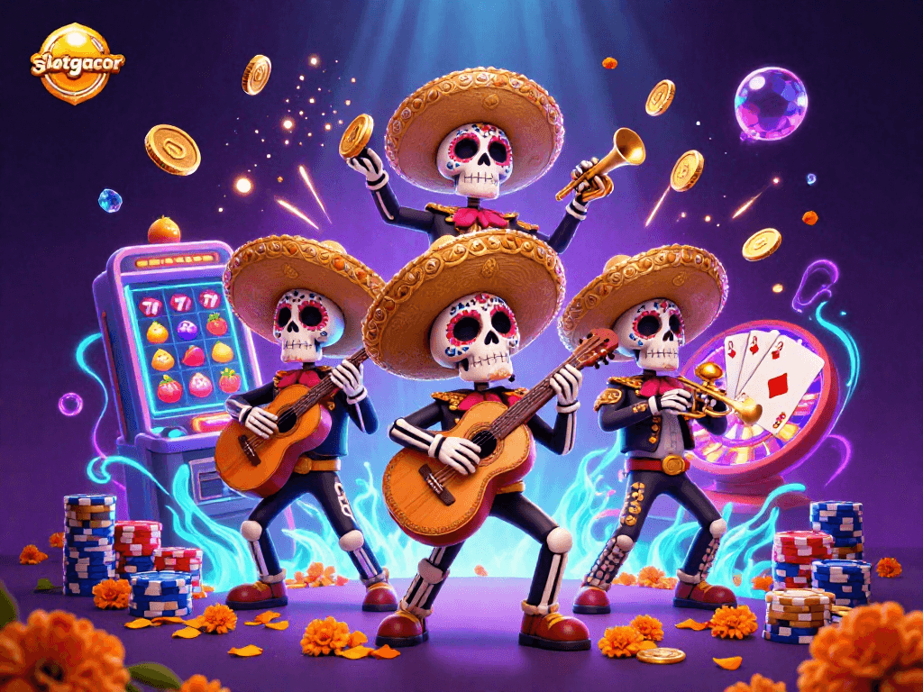Experience the thrill of winning with slotgacor, featuring lively mariachi characters surrounded by casino symbols.