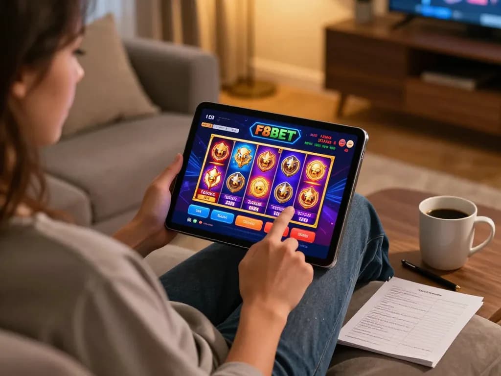 Player enjoying online gaming on F8BET app with colorful slot graphics displayed.