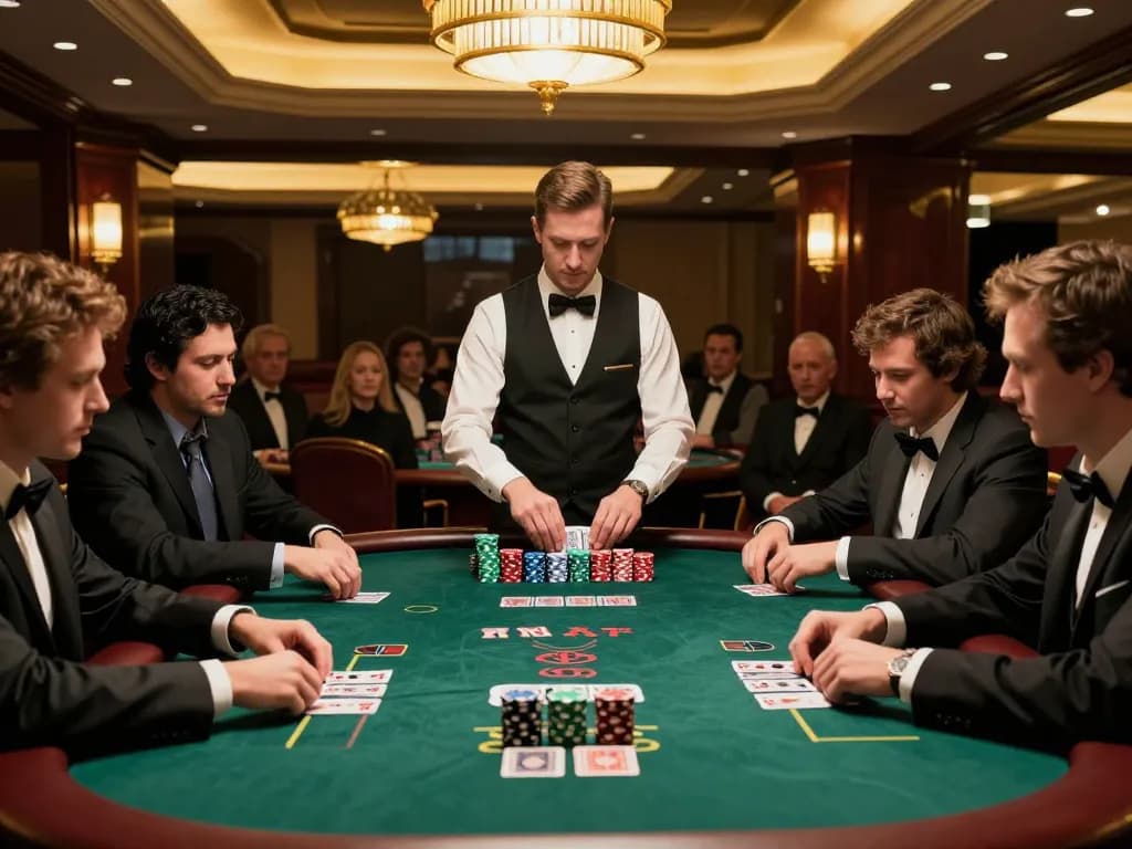Players analyzing ty le keo nha cai at a thrilling blackjack table, capturing strategic gameplay moments.