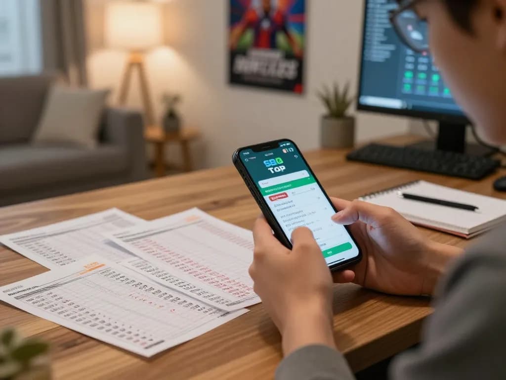 Sbo top user placing a bet on a smartphone amidst betting notes in a cozy home environment