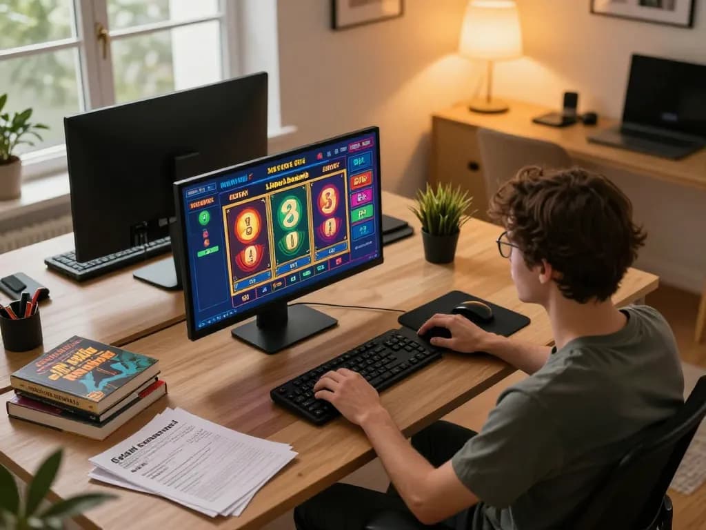 Engaging slot gaming experience on a desktop, showcasing vibrant interface and comfortable setup