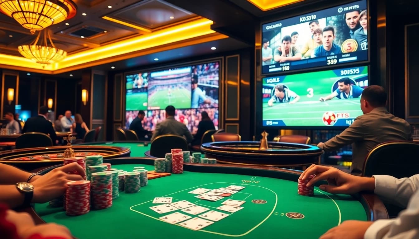Engaging kqbd sports betting scene with poker tables, roulette wheel, and live updates.