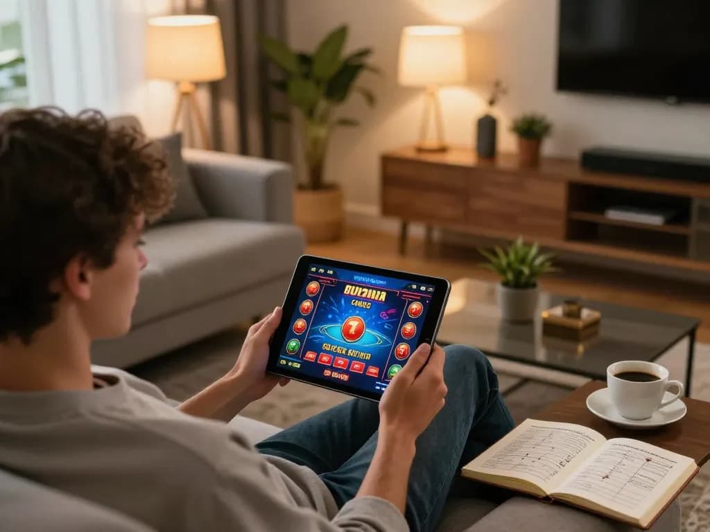 Player engaging with 78win's online platform on a tablet in a cozy home setting.