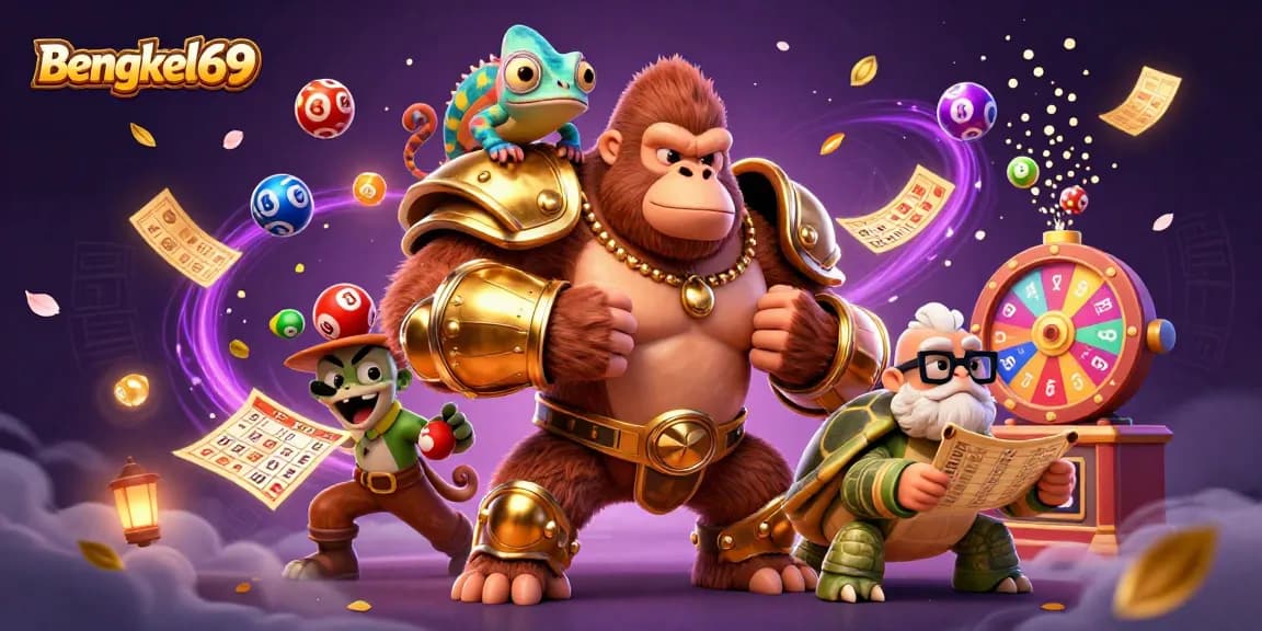 Bengkel69 offers thrilling lottery action with colorful balls and an engaging king gorilla mascot.