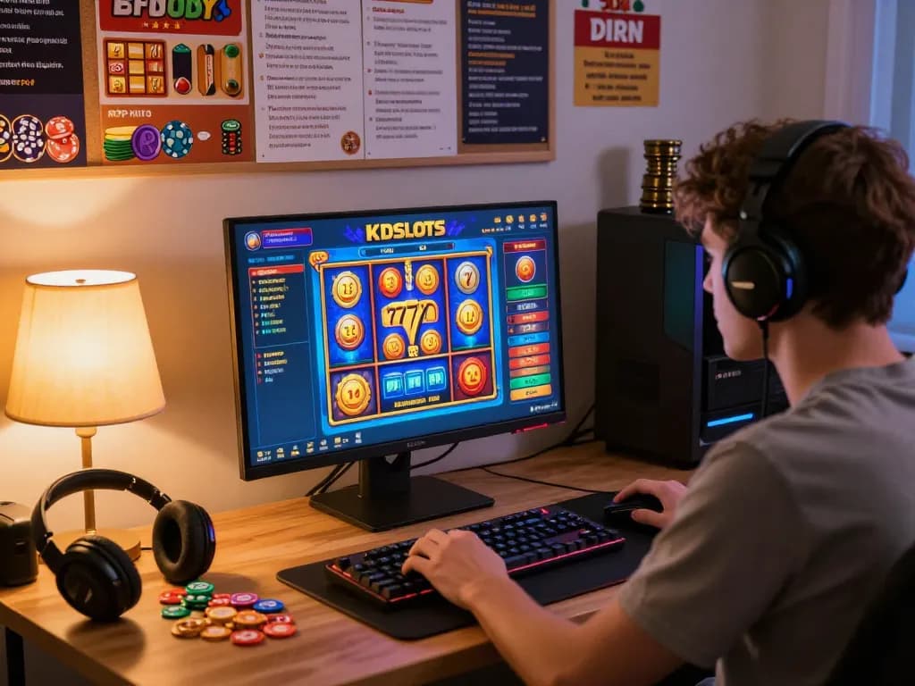 KDSLOT gaming experience with player focused on colorful Slot777 games at a well-organized workspace.
