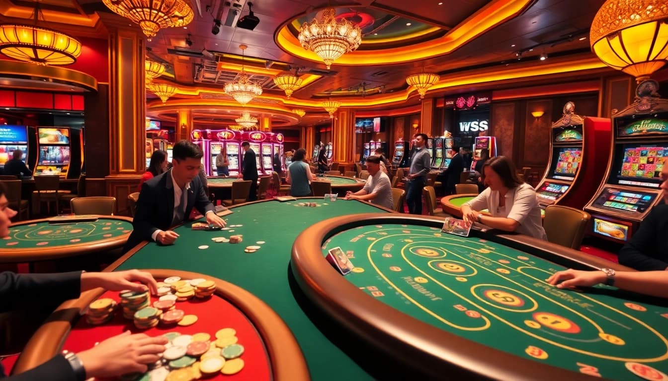 Players engaging in thrilling game bài đổi thưởng at a vibrant casino table with chips and cards.