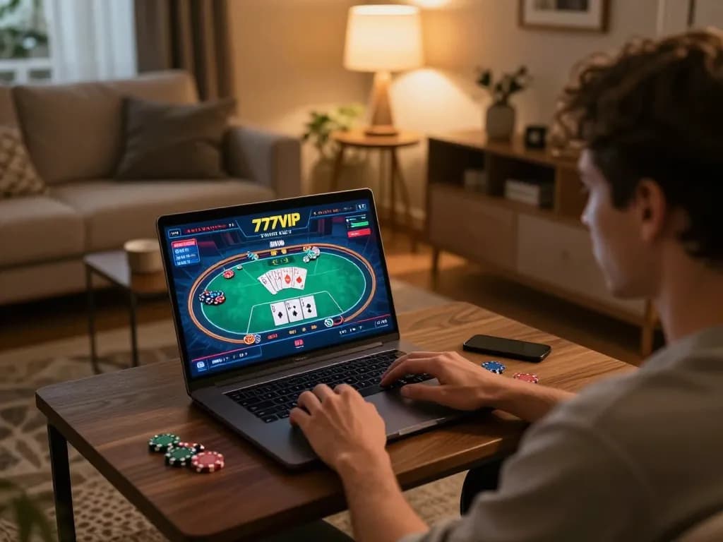 Engaged player using 777VIP online casino on laptop in cozy living room.