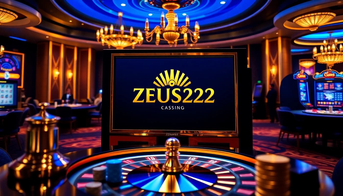 Logo ZEUS222 ditampilkan di mesin slot mewah di tengah suasana kasino yang menarik.