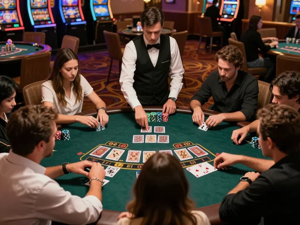 Players engaging in a strategic SHBET blackjack game, focused on cards and chips in an upscale casino.