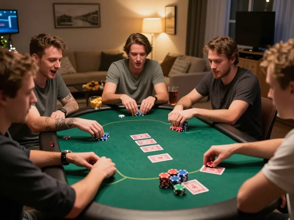 Soi Kèo poker night with friends playing, showing game excitement and dynamic gameplay.