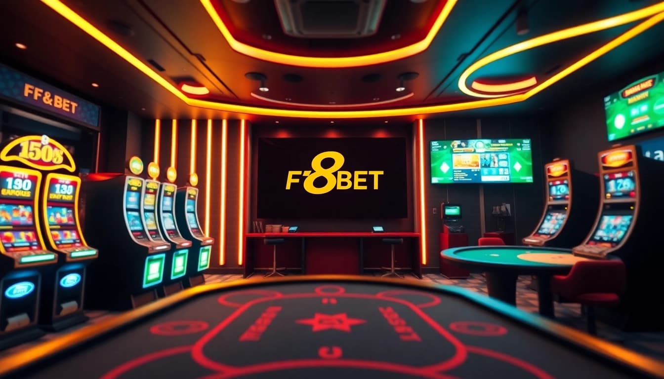 F8BET online casino gaming interface showcasing vibrant slot machines and card tables.