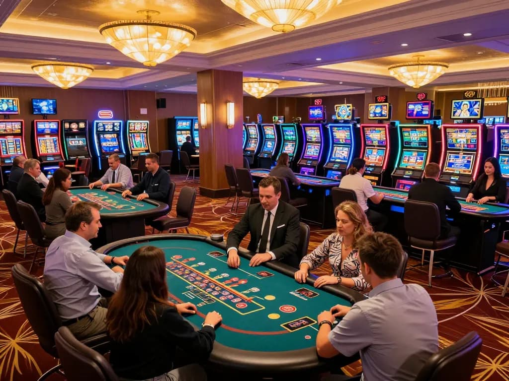 Engaging gameplay at gg88 casino with players focused on poker and roulette tables amid luxurious surroundings