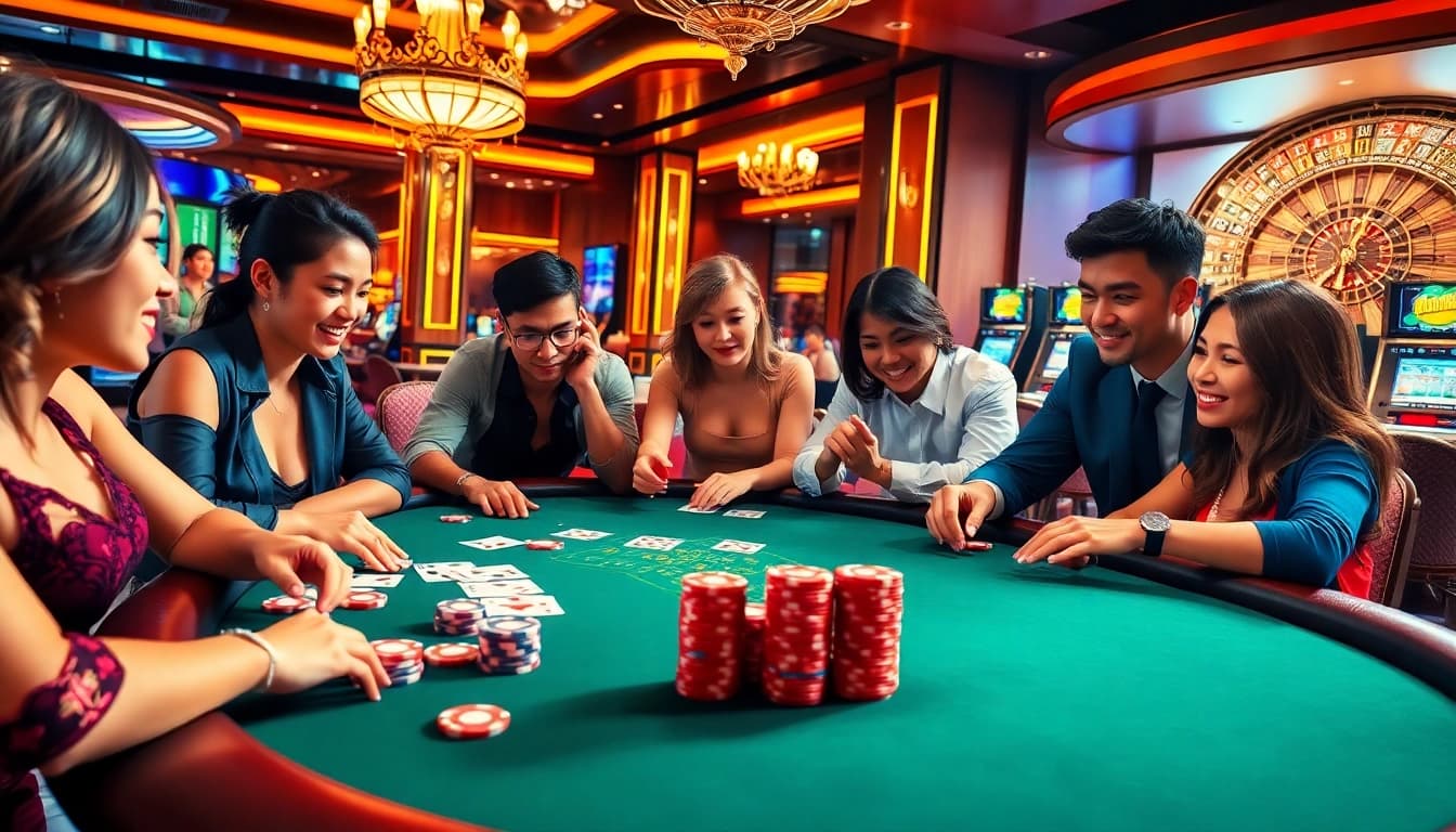 Experience exciting gameplay with GK88 at a vibrant casino featuring poker, dice, and roulette.