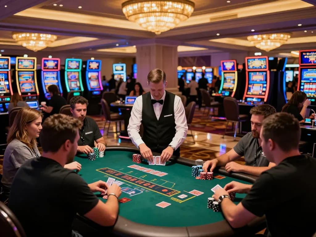 Players engaging in strategic blackjack gameplay at a busy Las Vegas casino showcasing da88 excitement.