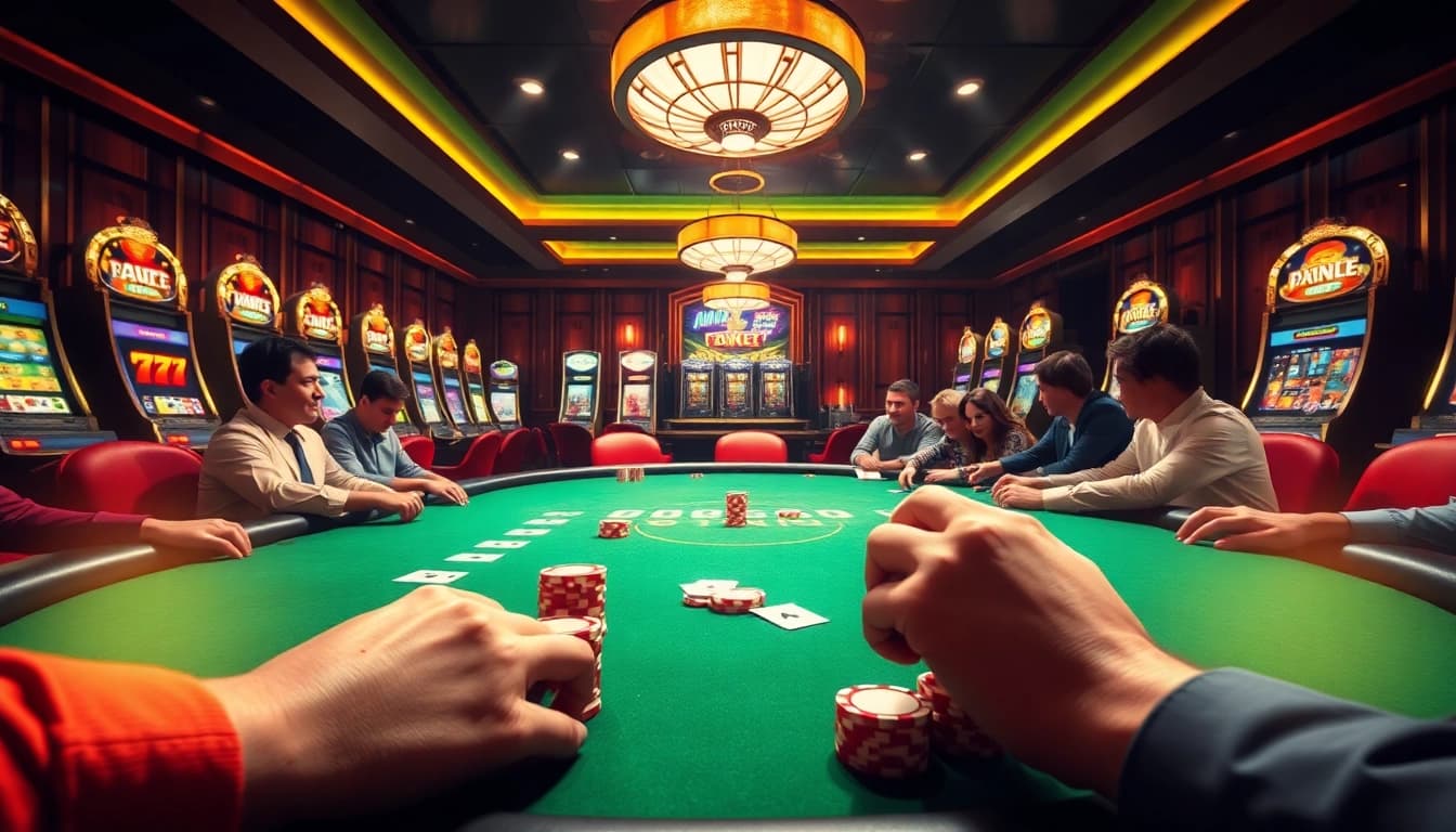 Experience the excitement of 8kbet with luxury casino tables and vibrant gaming elements.