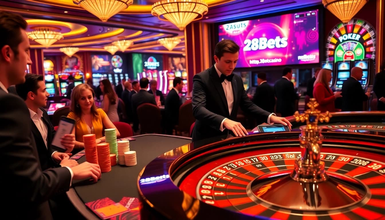 A thrilling casino scene at https://28bets.casino/ featuring players enjoying roulette with vibrant chips and a professional dealer.