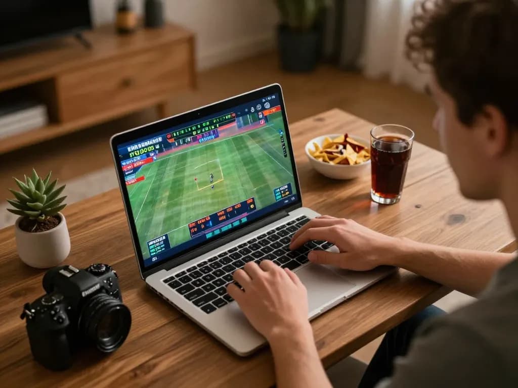 Engaged bettor analyzing tỷ lệ cá cược on laptop during an online sports event