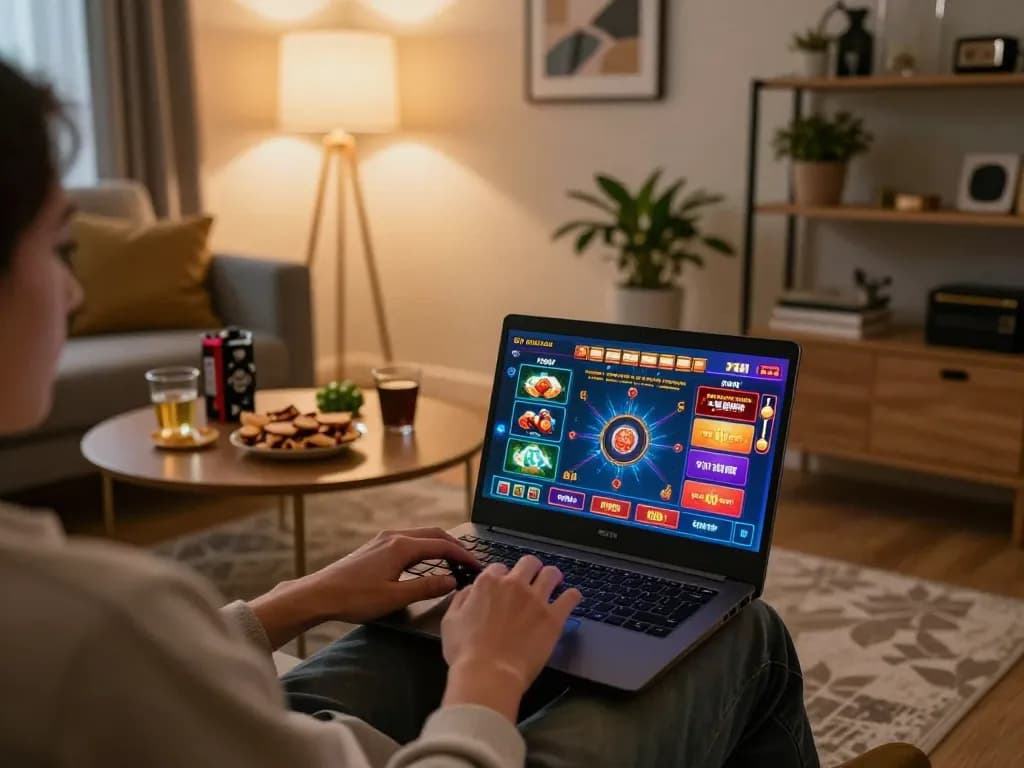 uu88 player enjoying online casino games in a cozy home setup with snacks and warm lighting