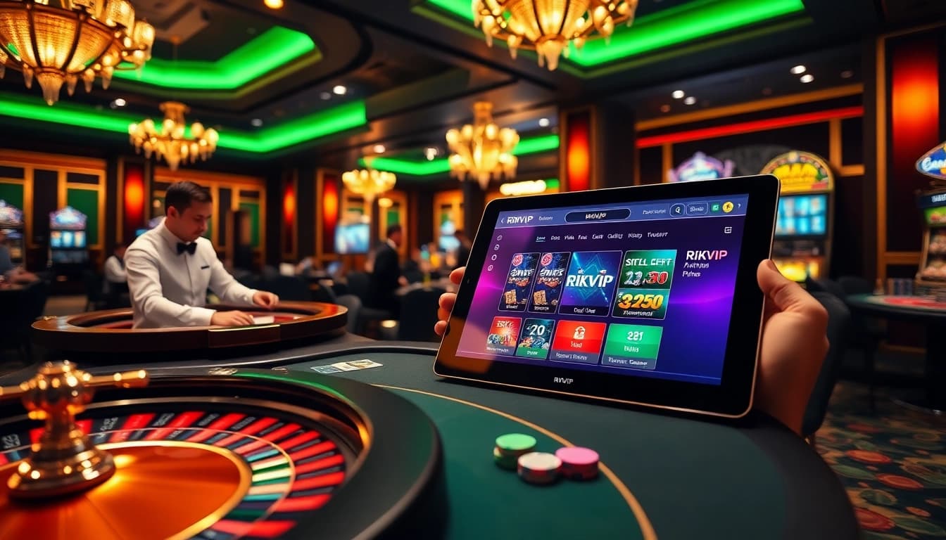RIKVIP players enjoying poker at a professional casino table with chips and cards.