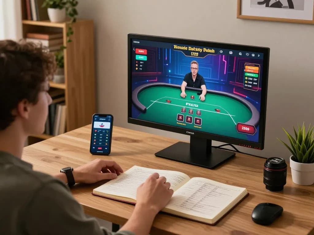 WIN678 customer playing live dealer poker online in a cozy home setting with strategic notes.