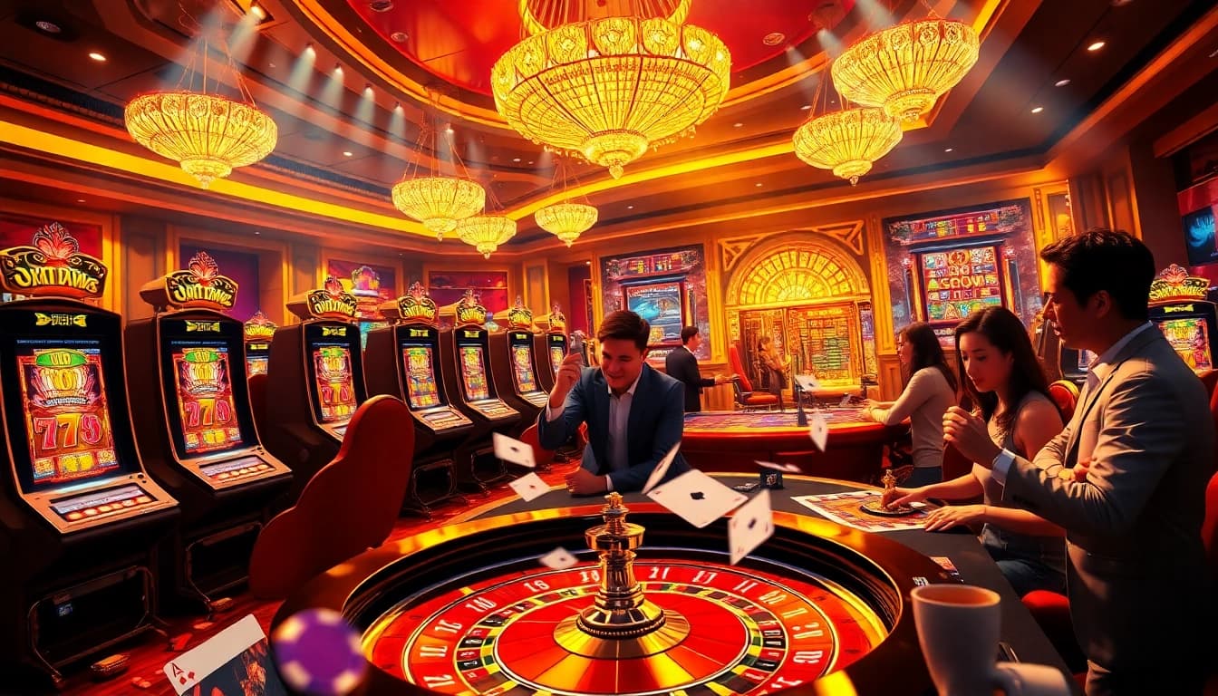 Engaging players winning at 123win online casino, featuring vibrant slot machines and poker tables.