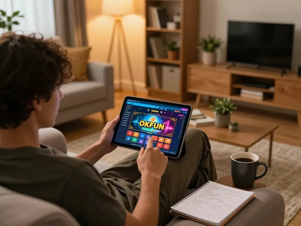Experience immersive gaming with https://okfun.money/ as players enjoy casino fun on a tablet in a cozy home