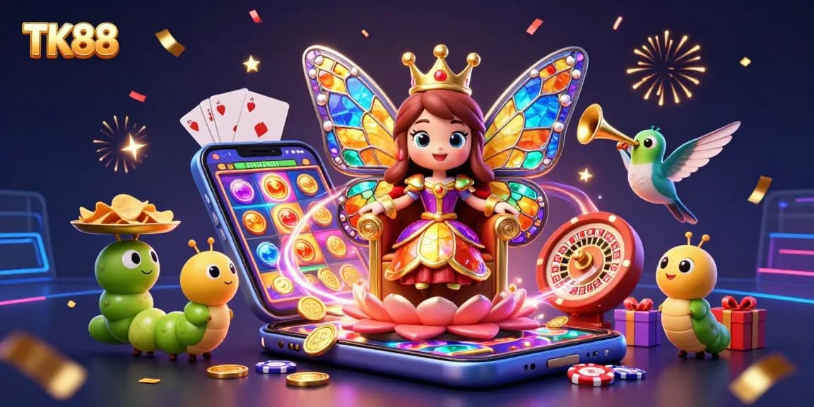TK88 showcases a vibrant 3D casino scene with a butterfly queen and gaming symbols.