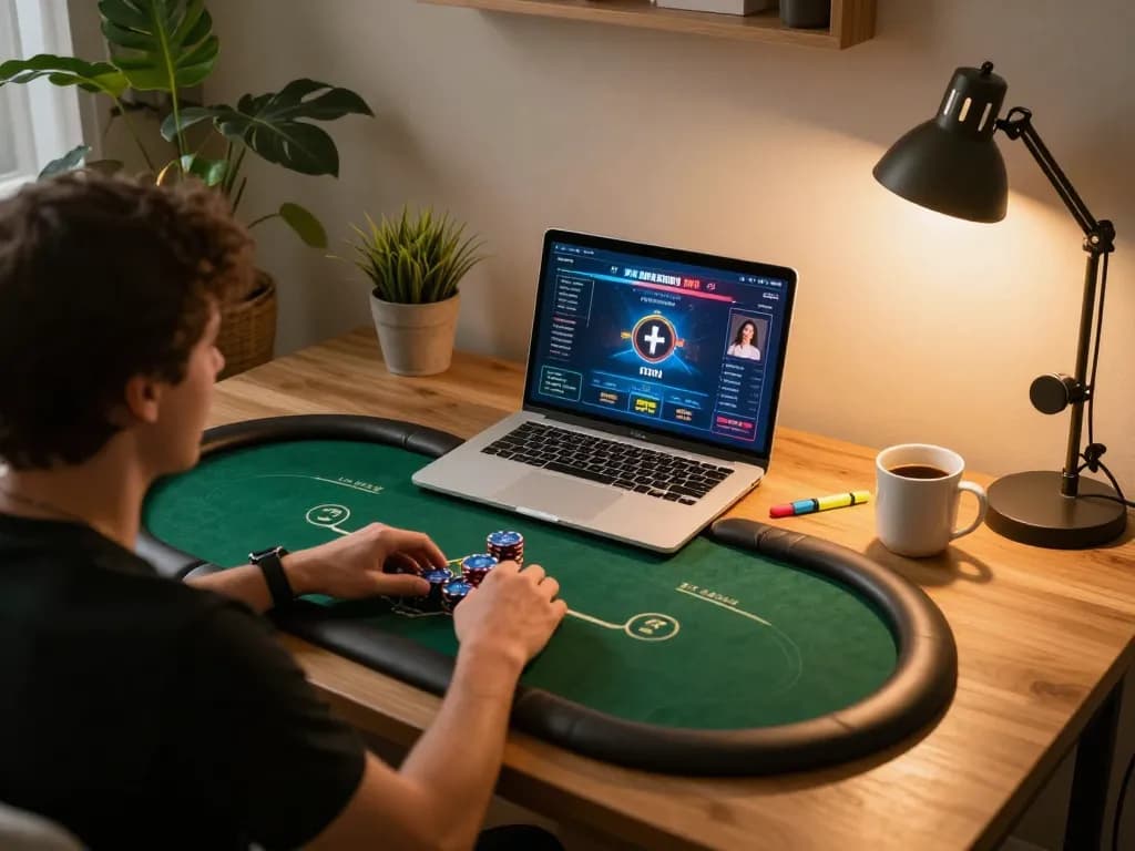 Player enjoying an exciting online poker game with 45678, showcasing a cozy home setup.