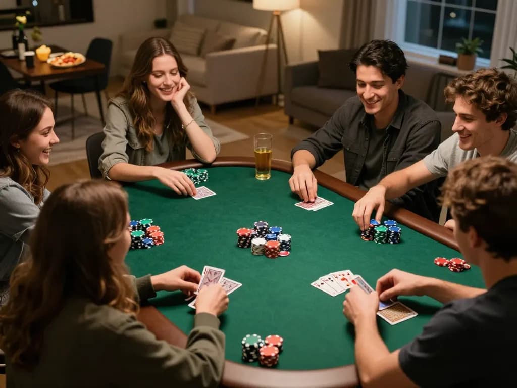 Engaging scene of friends enjoying poker with Livechat 7meter integration for easy communication and strategy sharing.