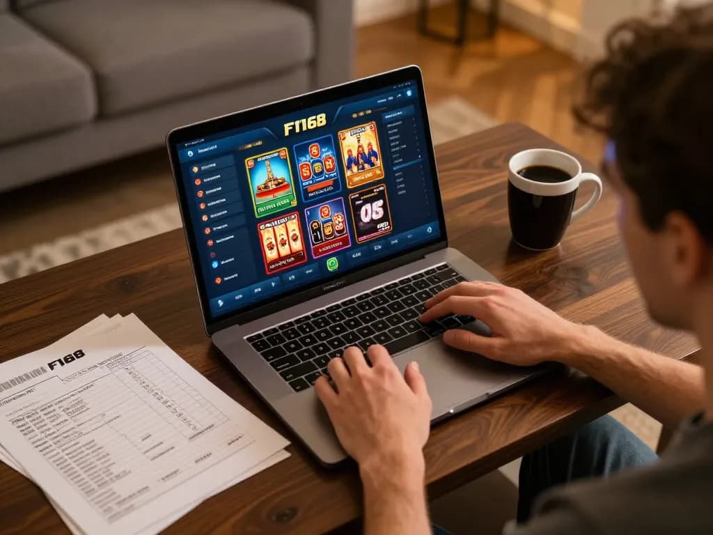 Person enjoying online gambling on F168 platform with strategic notes in cozy home setting
