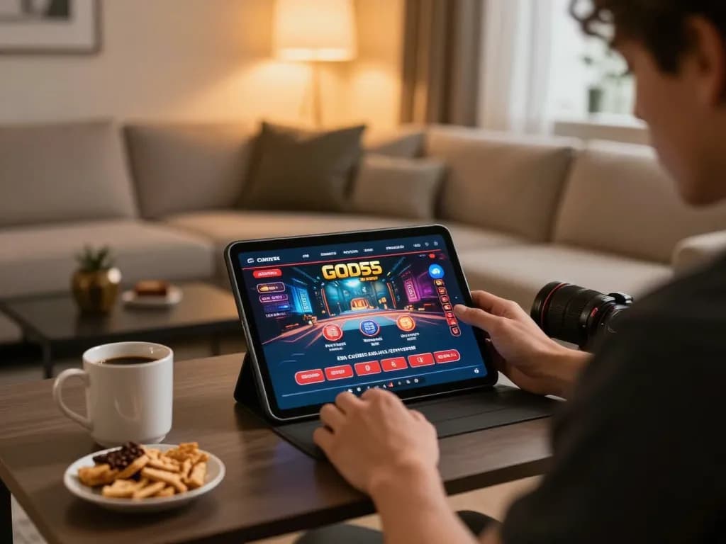 Engaging in gameplay at god55 online casino with a tablet in a warm home setting.