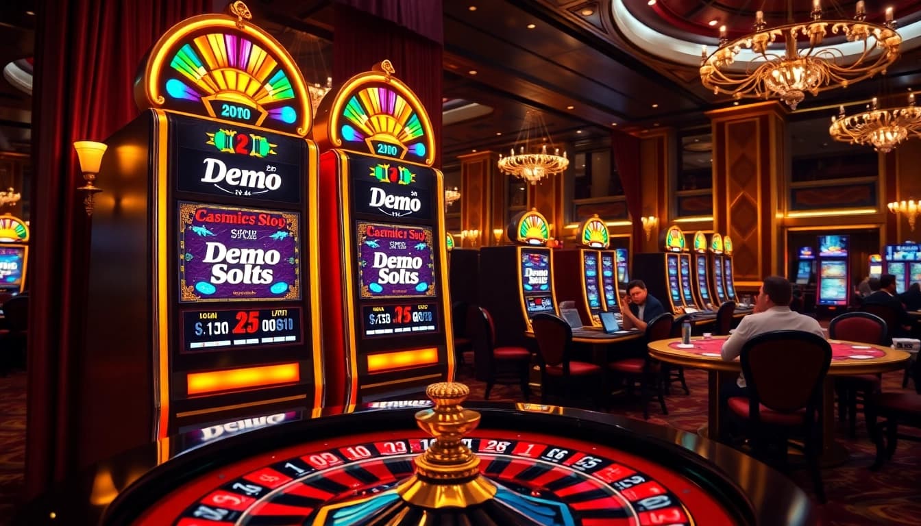 Experience thrilling demo slot gameplay with vibrant casino elements and excited players.