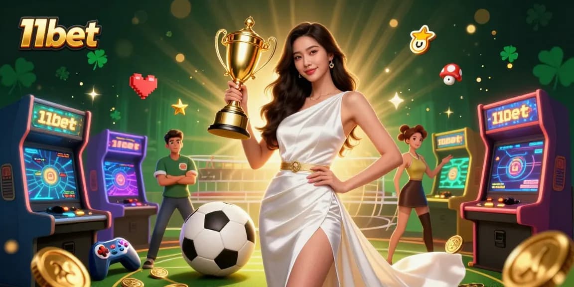 Celebrate victories with 11bet, winning sports trophies and casino excitement in this vibrant illustration.